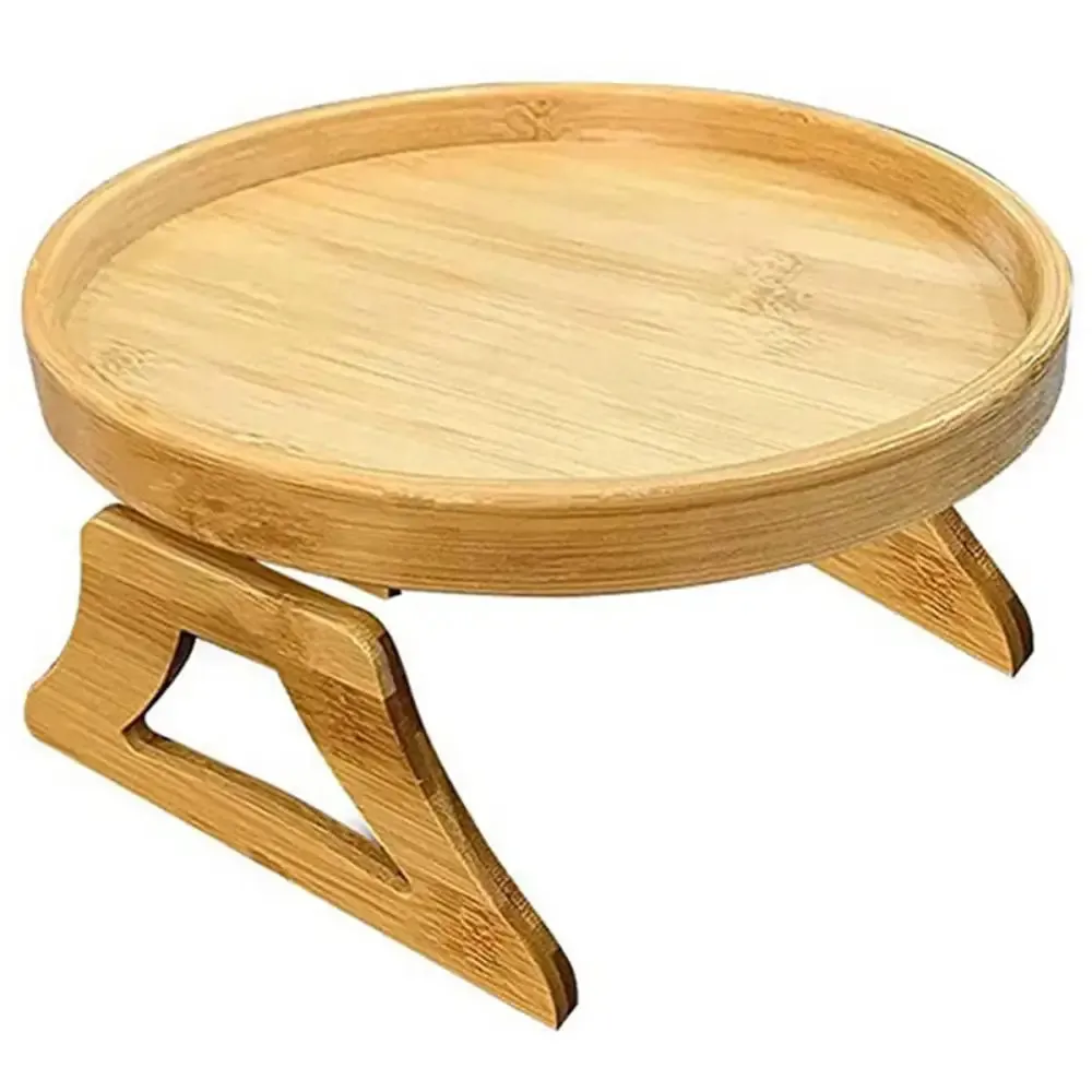 Portable Round Pine Wood Sofa Tray for Drinks