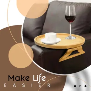 Portable Round Pine Wood Sofa Tray for Drinks