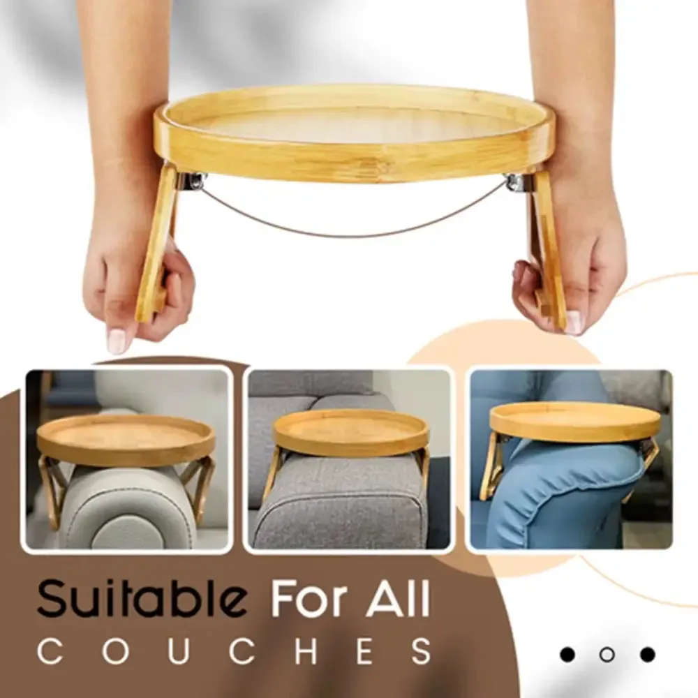 Portable Round Pine Wood Sofa Tray for Drinks