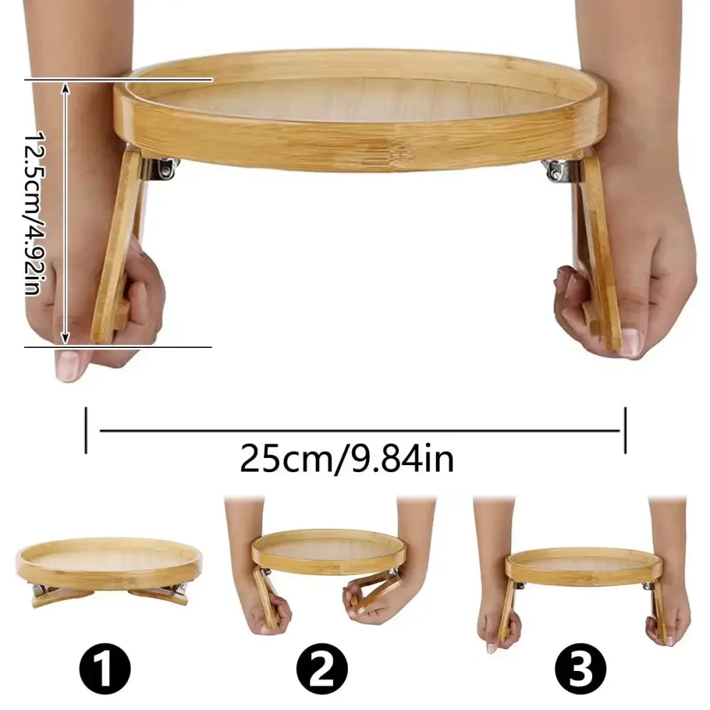 Portable Round Pine Wood Sofa Tray for Drinks