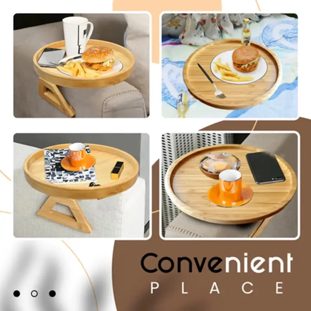 Portable Round Pine Wood Sofa Tray for Drinks