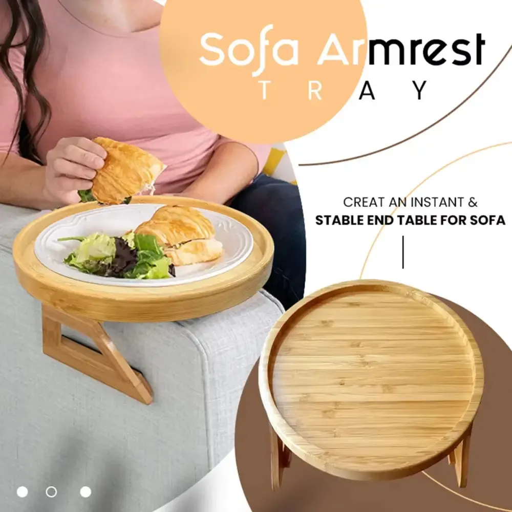 Portable Round Pine Wood Sofa Tray for Drinks