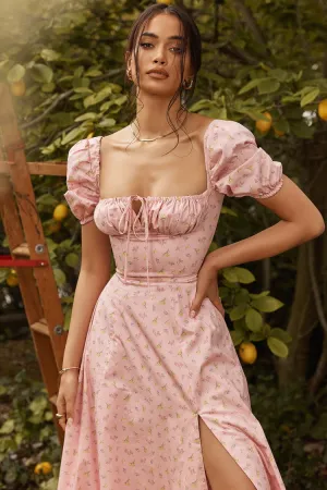 Puff Sleeve Floral Slit Long Dress