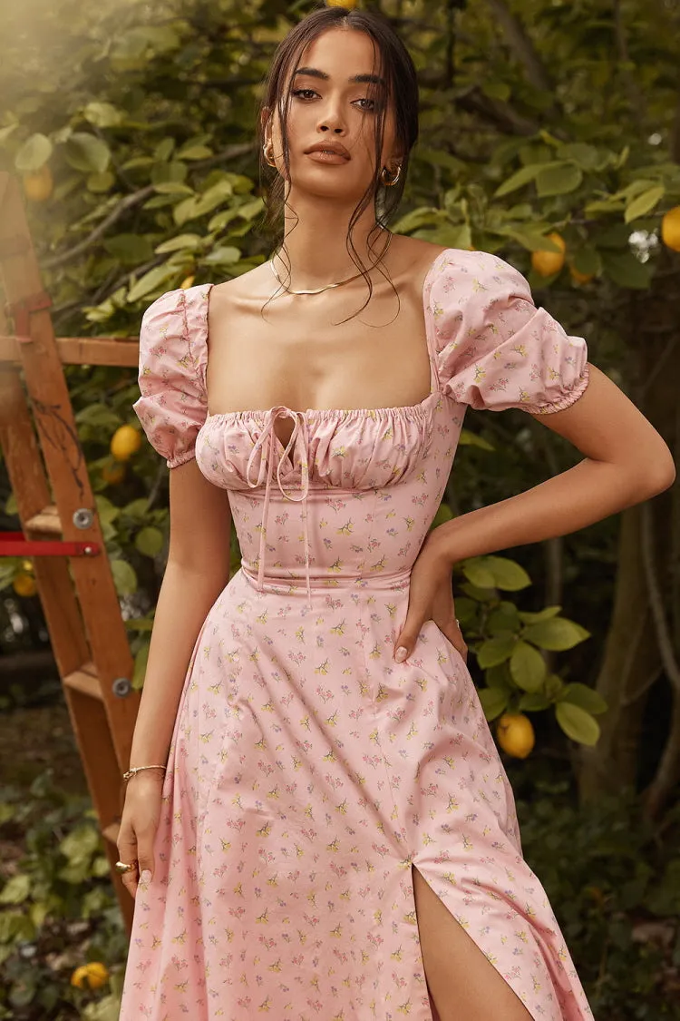 Puff Sleeve Floral Slit Long Dress