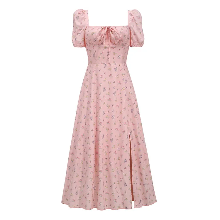 Puff Sleeve Floral Slit Long Dress