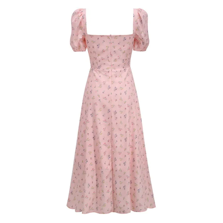 Puff Sleeve Floral Slit Long Dress