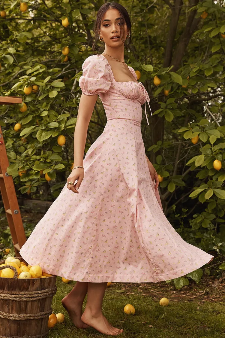 Puff Sleeve Floral Slit Long Dress