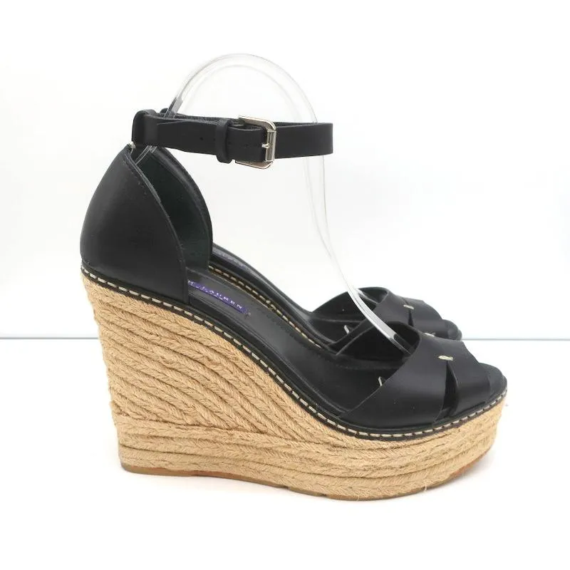 Ralph Lauren Collection Peep Toe Espadrille Wedge Sandals Black Leather Size 9.5