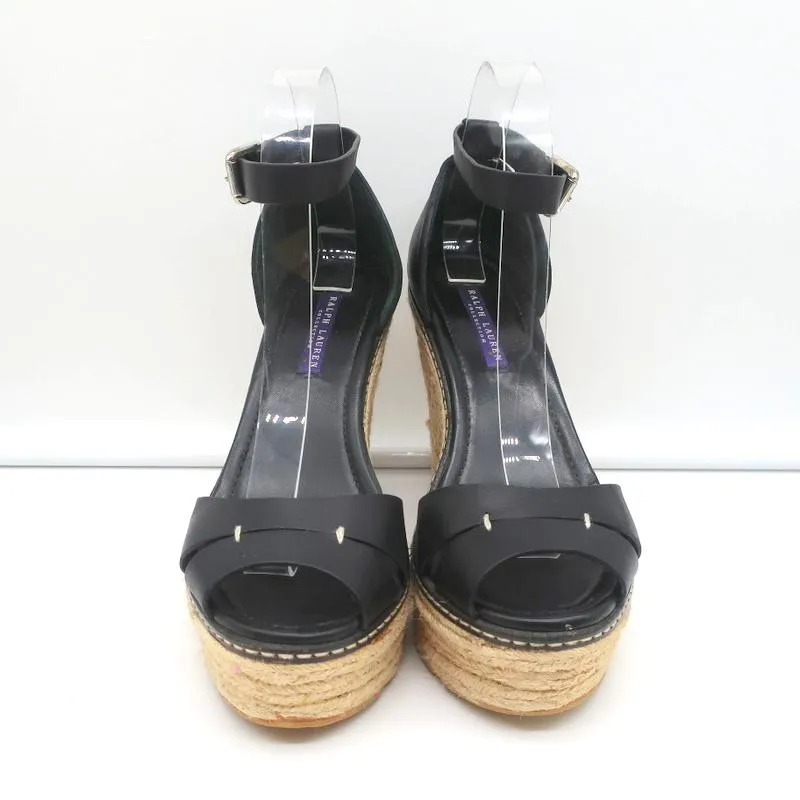 Ralph Lauren Collection Peep Toe Espadrille Wedge Sandals Black Leather Size 9.5
