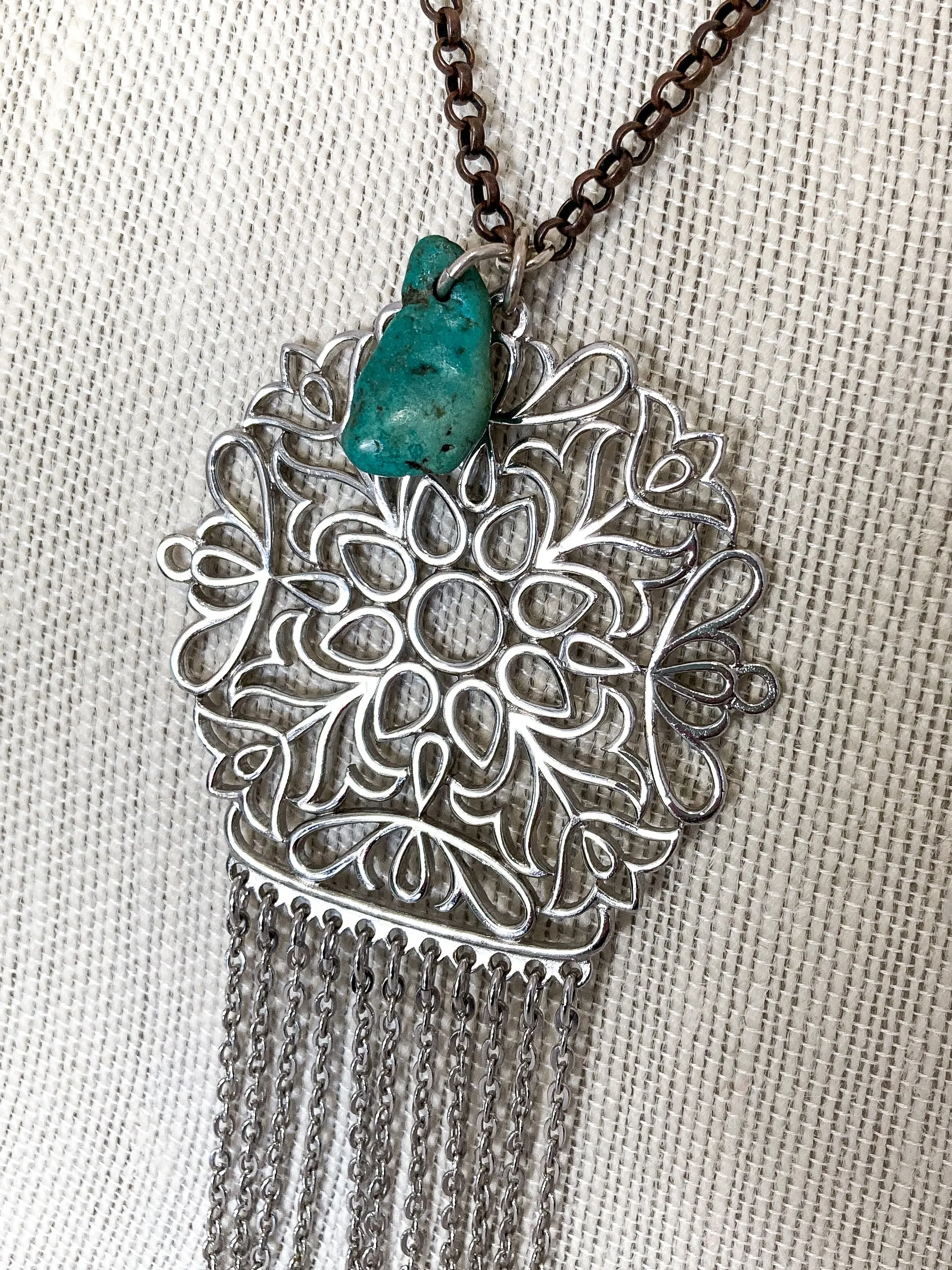 Red i Collection Silver Tone Tassel Turquoise Pendant Copper Chain Necklace