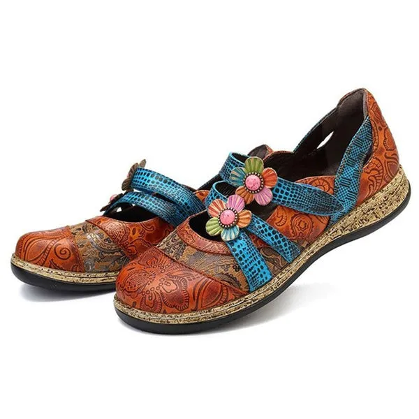 Retro British Floral Leather Sandals Color Stitching Shackle Stripes Wedges Flat Shoes Casual Shoes