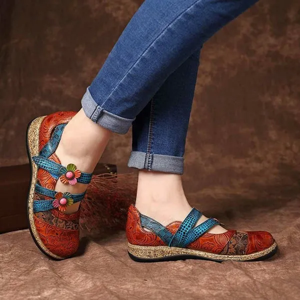 Retro British Floral Leather Sandals Color Stitching Shackle Stripes Wedges Flat Shoes Casual Shoes