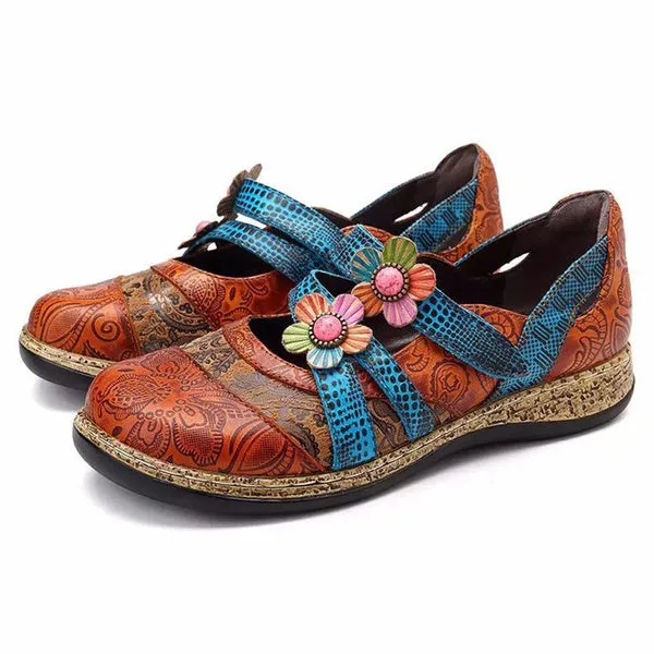 Retro British Floral Leather Sandals Color Stitching Shackle Stripes Wedges Flat Shoes Casual Shoes