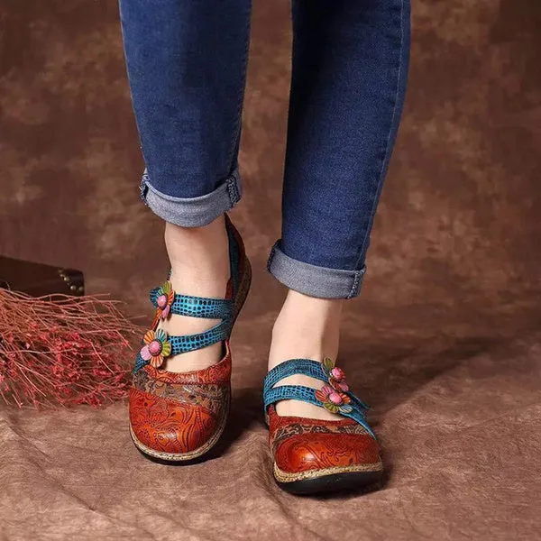 Retro British Floral Leather Sandals Color Stitching Shackle Stripes Wedges Flat Shoes Casual Shoes