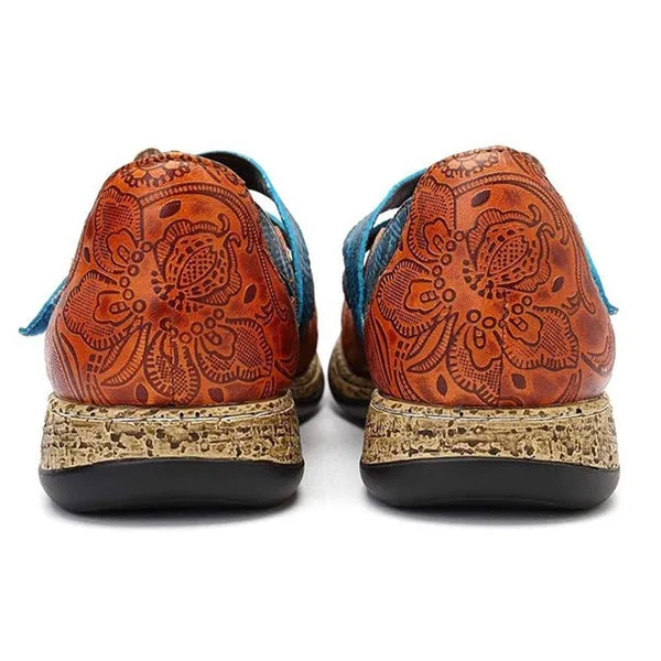Retro British Floral Leather Sandals Color Stitching Shackle Stripes Wedges Flat Shoes Casual Shoes