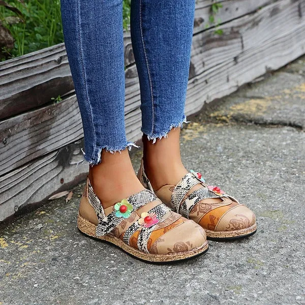 Retro British Floral Leather Sandals Color Stitching Shackle Stripes Wedges Flat Shoes Casual Shoes