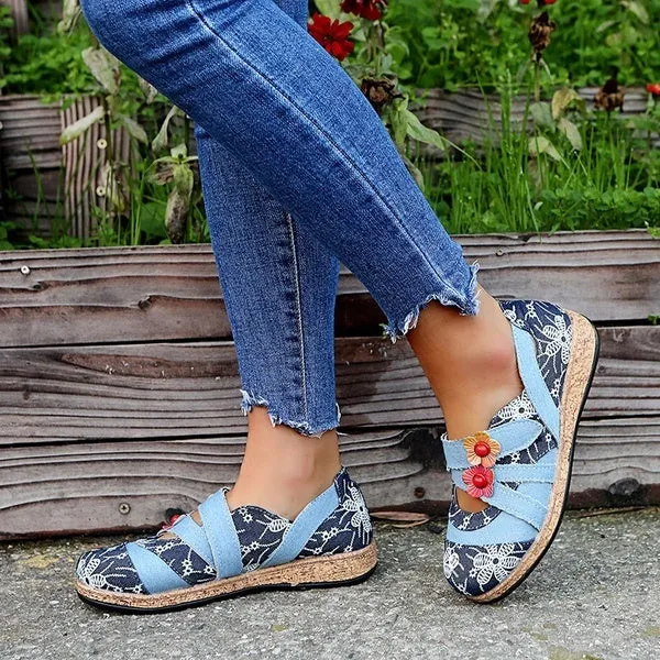 Retro British Floral Leather Sandals Color Stitching Shackle Stripes Wedges Flat Shoes Casual Shoes