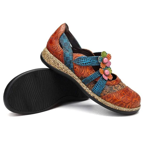 Retro British Floral Leather Sandals Color Stitching Shackle Stripes Wedges Flat Shoes Casual Shoes