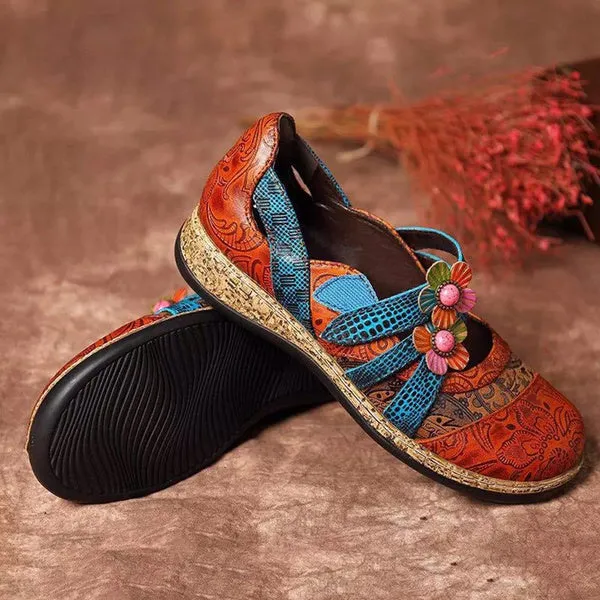 Retro British Floral Leather Sandals Color Stitching Shackle Stripes Wedges Flat Shoes Casual Shoes
