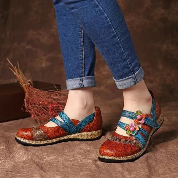 Retro British Floral Leather Sandals Color Stitching Shackle Stripes Wedges Flat Shoes Casual Shoes