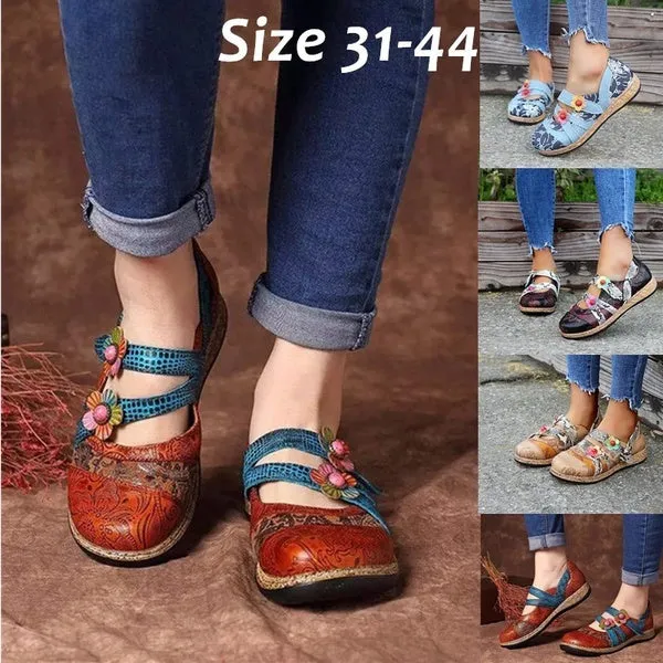 Retro British Floral Leather Sandals Color Stitching Shackle Stripes Wedges Flat Shoes Casual Shoes