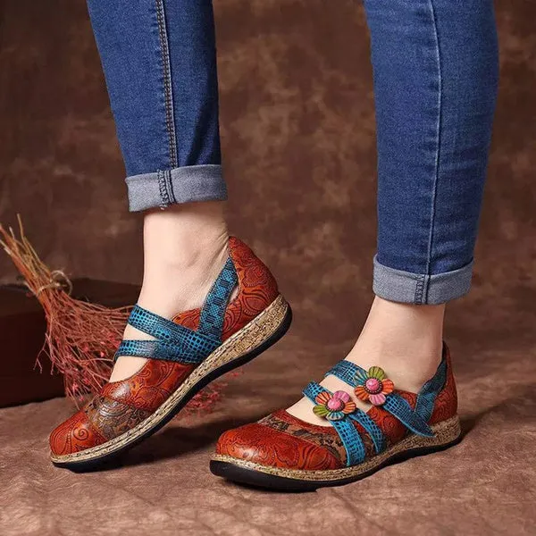 Retro British Floral Leather Sandals Color Stitching Shackle Stripes Wedges Flat Shoes Casual Shoes
