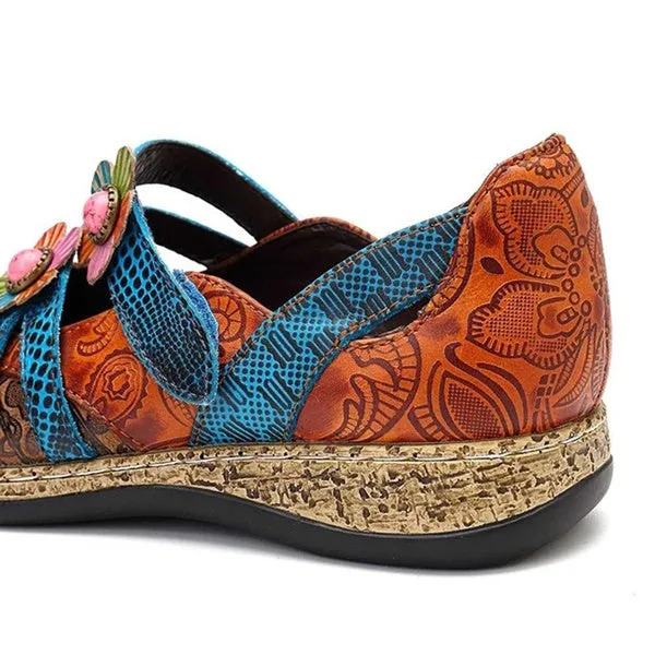 Retro British Floral Leather Sandals Color Stitching Shackle Stripes Wedges Flat Shoes Casual Shoes