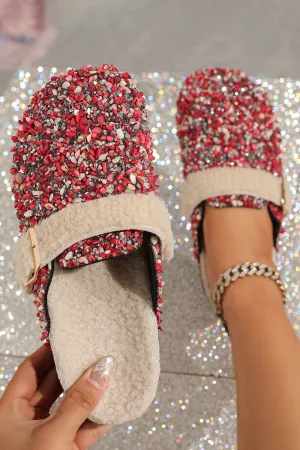 Rhinestone Sequin Decor Buckle Plush Lined Slippers-Fuchsia