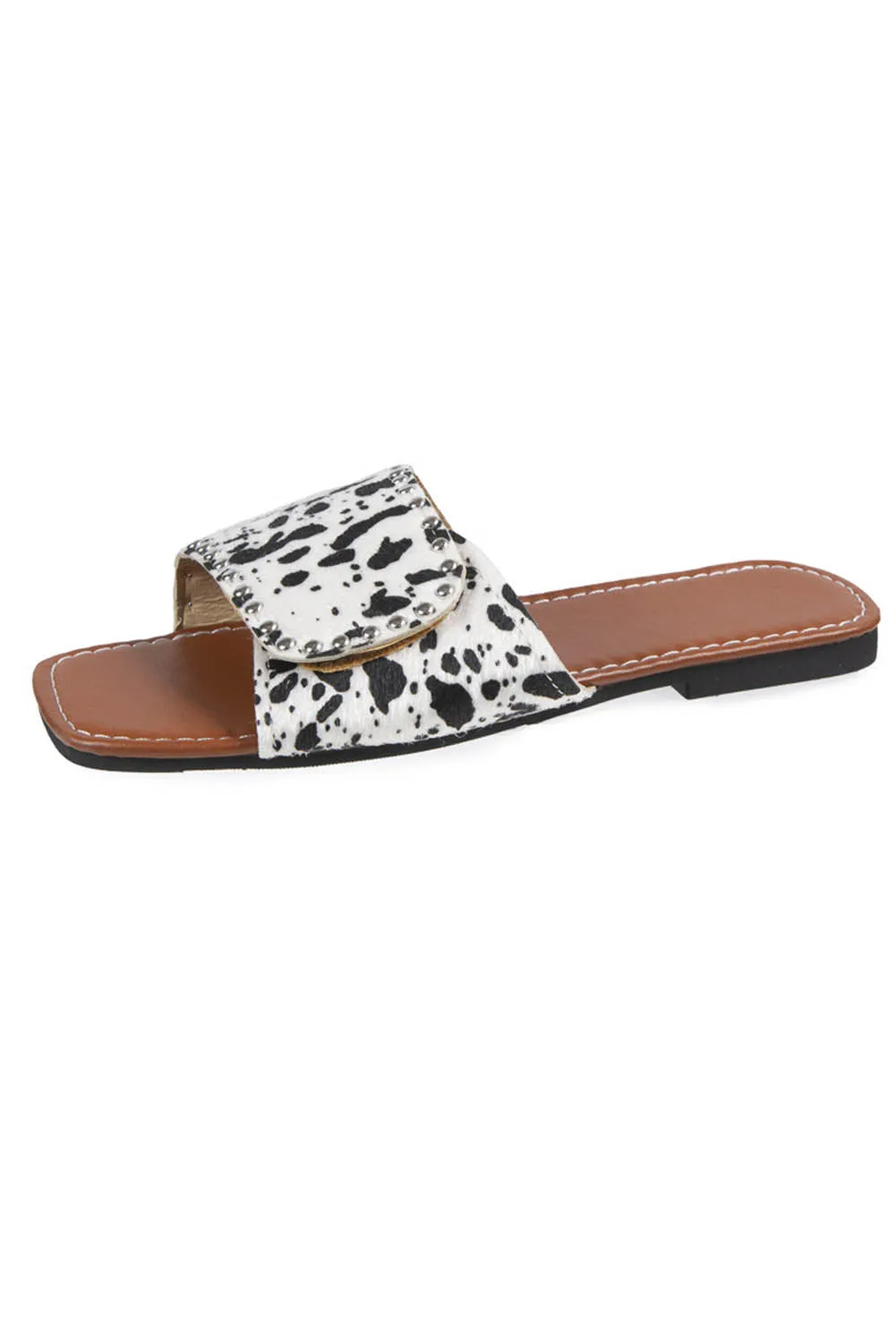 Rivet Embellished Cow Print Flat Slippers