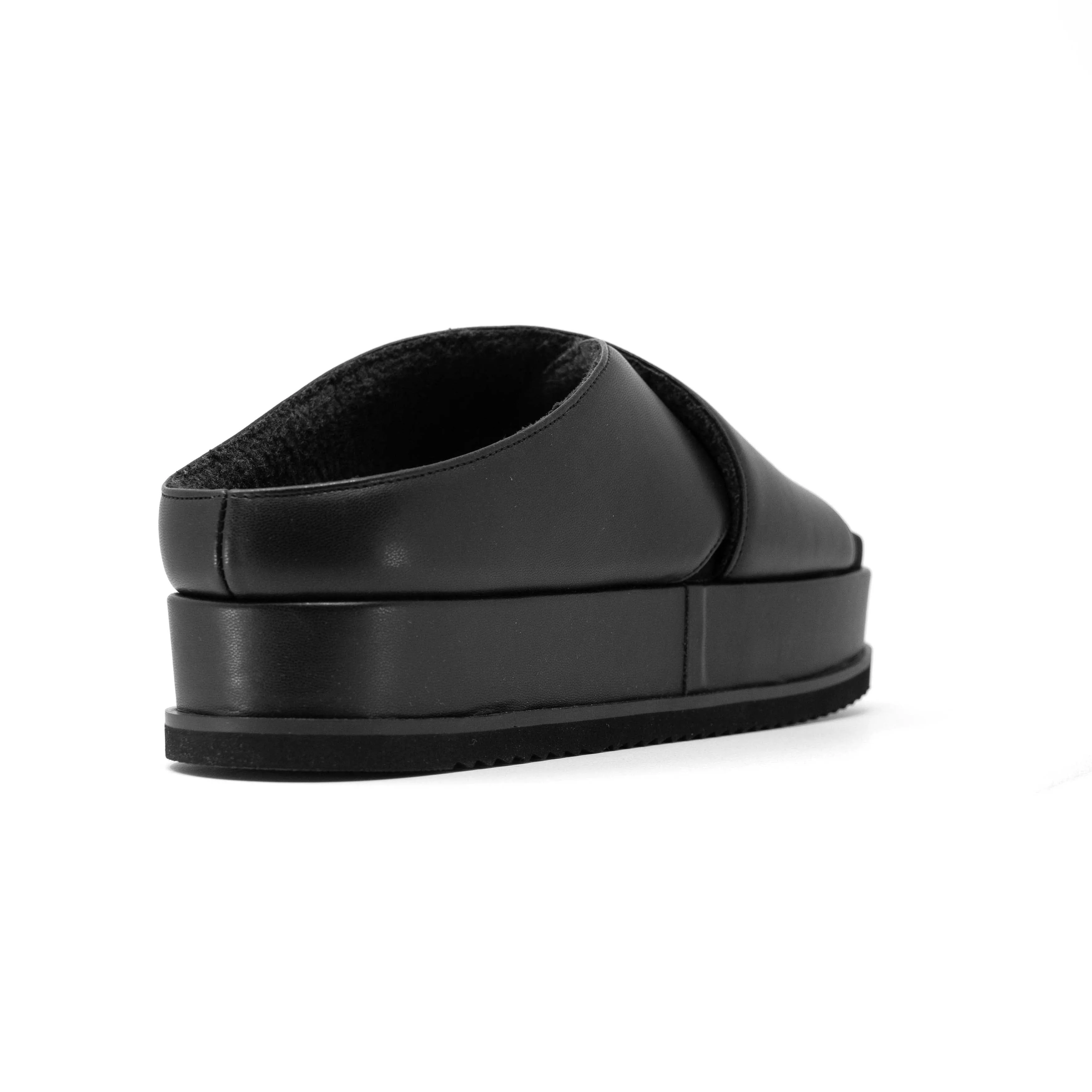 ROAM CROSS STACK PLATFORM SANDALS BLACK VEGAN LEATHER