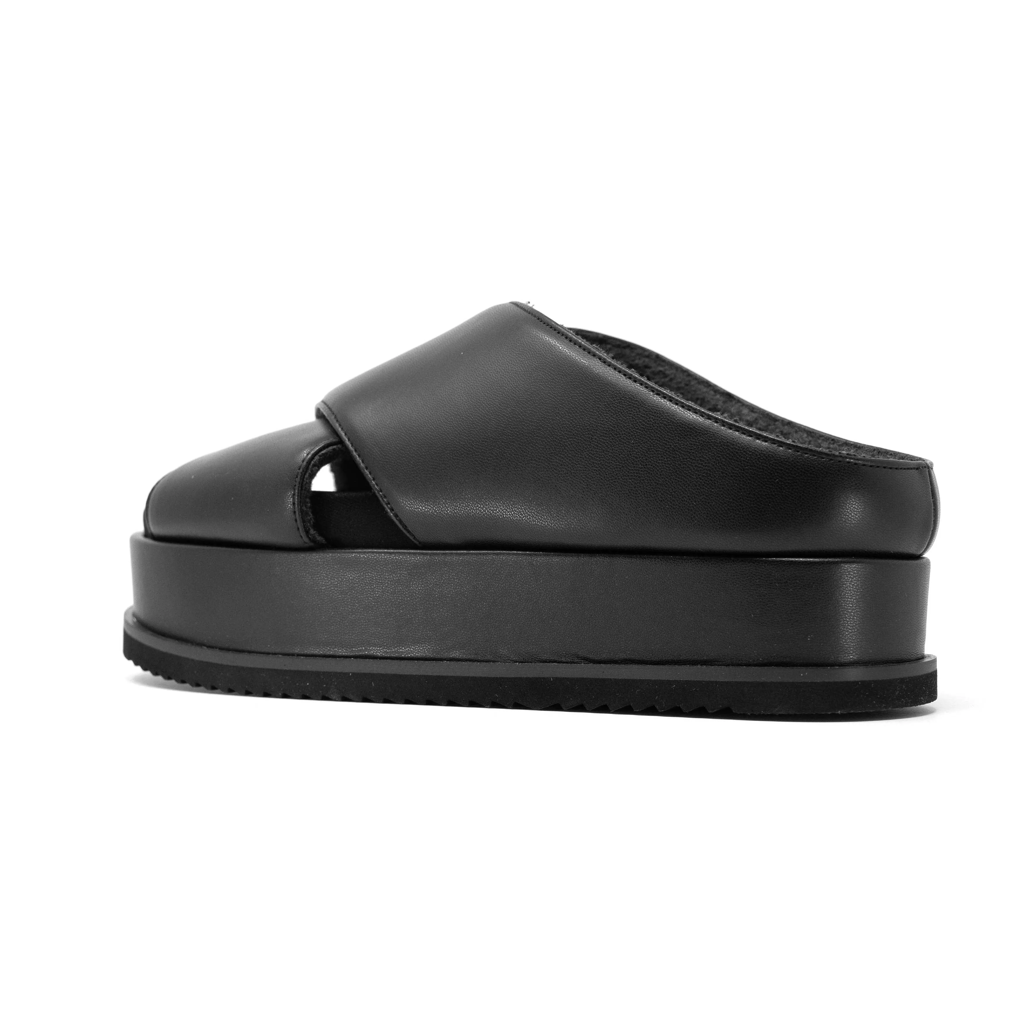 ROAM CROSS STACK PLATFORM SANDALS BLACK VEGAN LEATHER