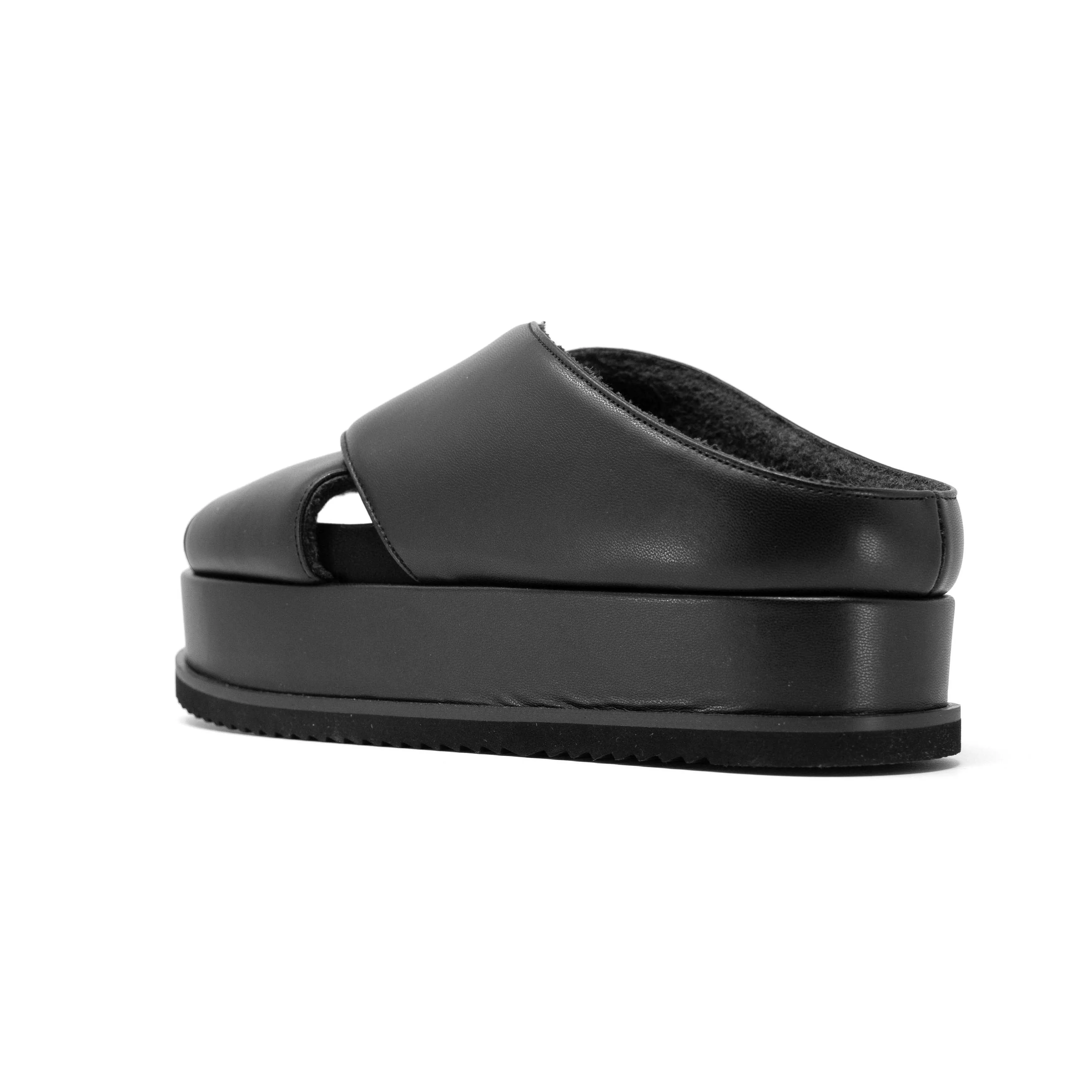 ROAM CROSS STACK PLATFORM SANDALS BLACK VEGAN LEATHER