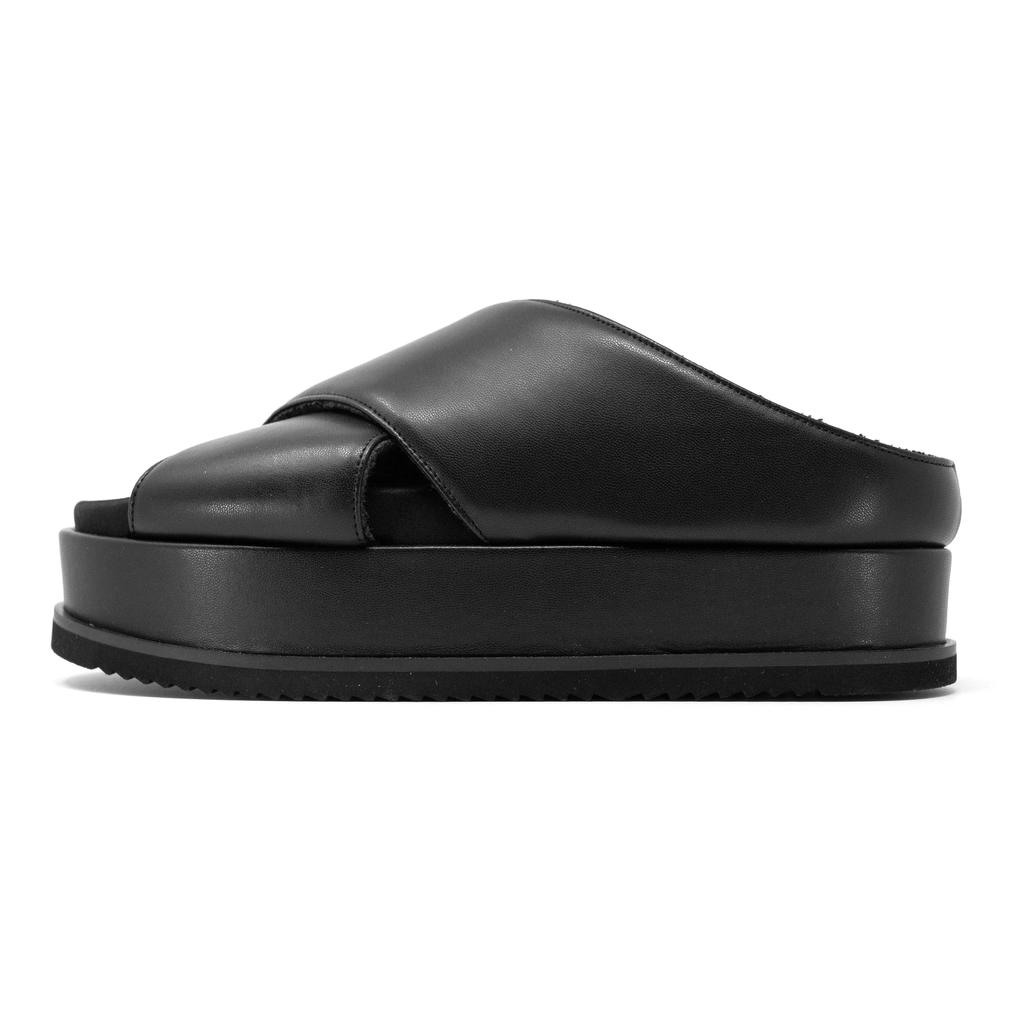 ROAM CROSS STACK PLATFORM SANDALS BLACK VEGAN LEATHER