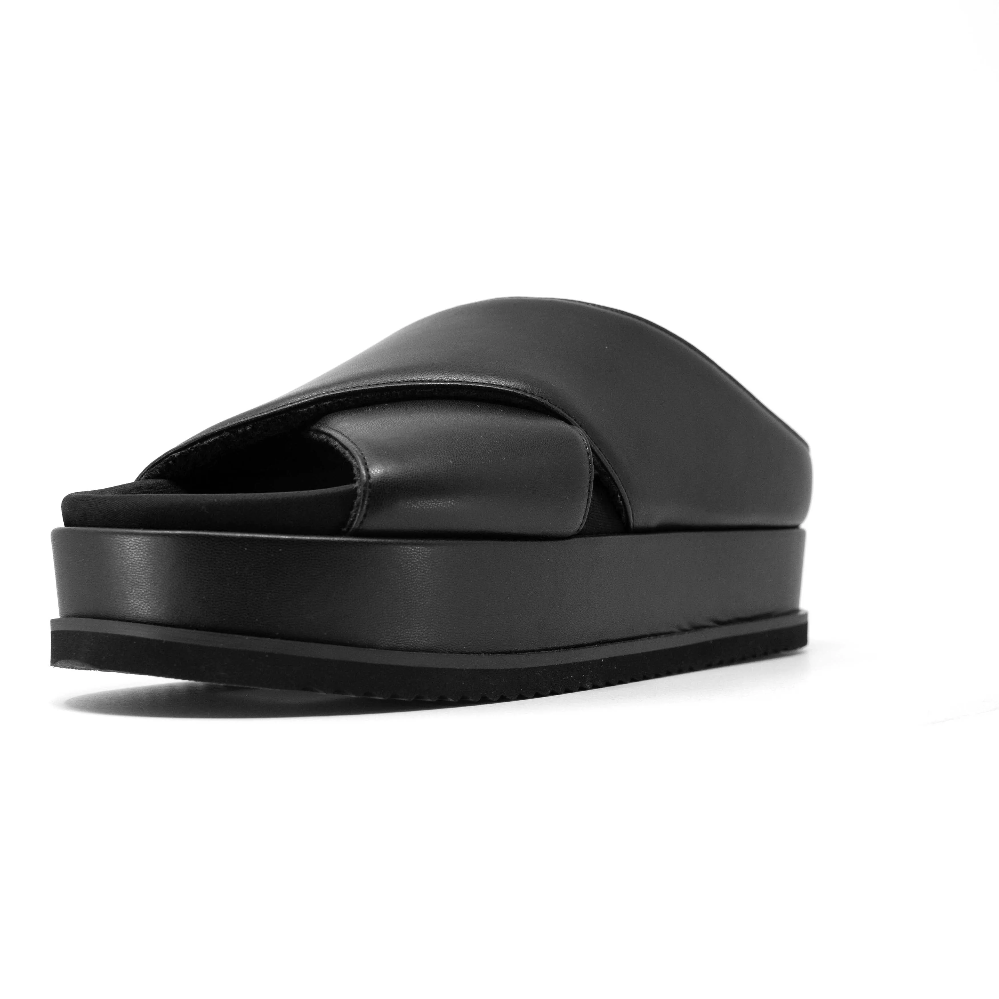 ROAM CROSS STACK PLATFORM SANDALS BLACK VEGAN LEATHER