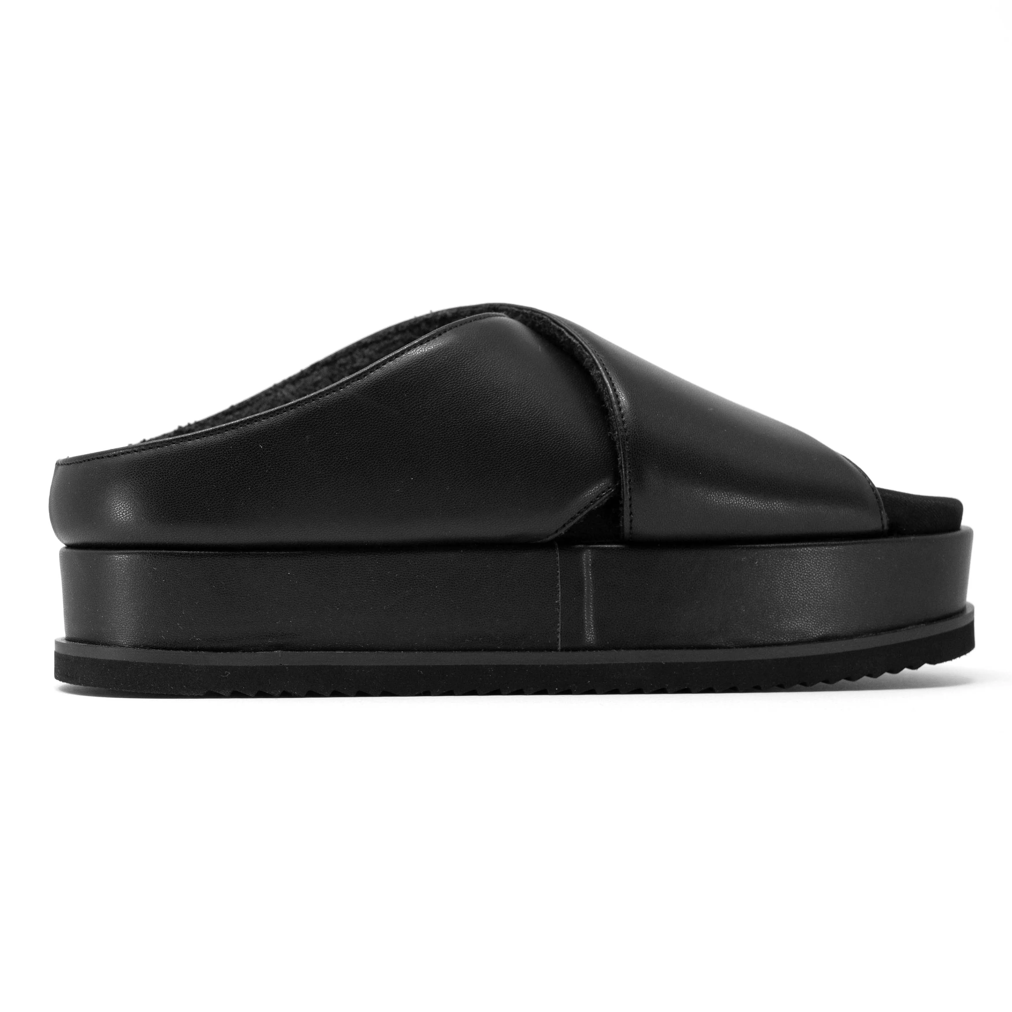 ROAM CROSS STACK PLATFORM SANDALS BLACK VEGAN LEATHER