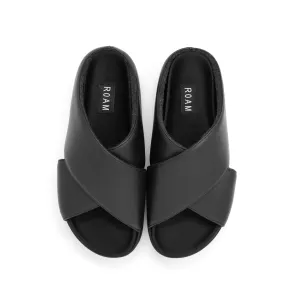 ROAM CROSS STACK PLATFORM SANDALS BLACK VEGAN LEATHER