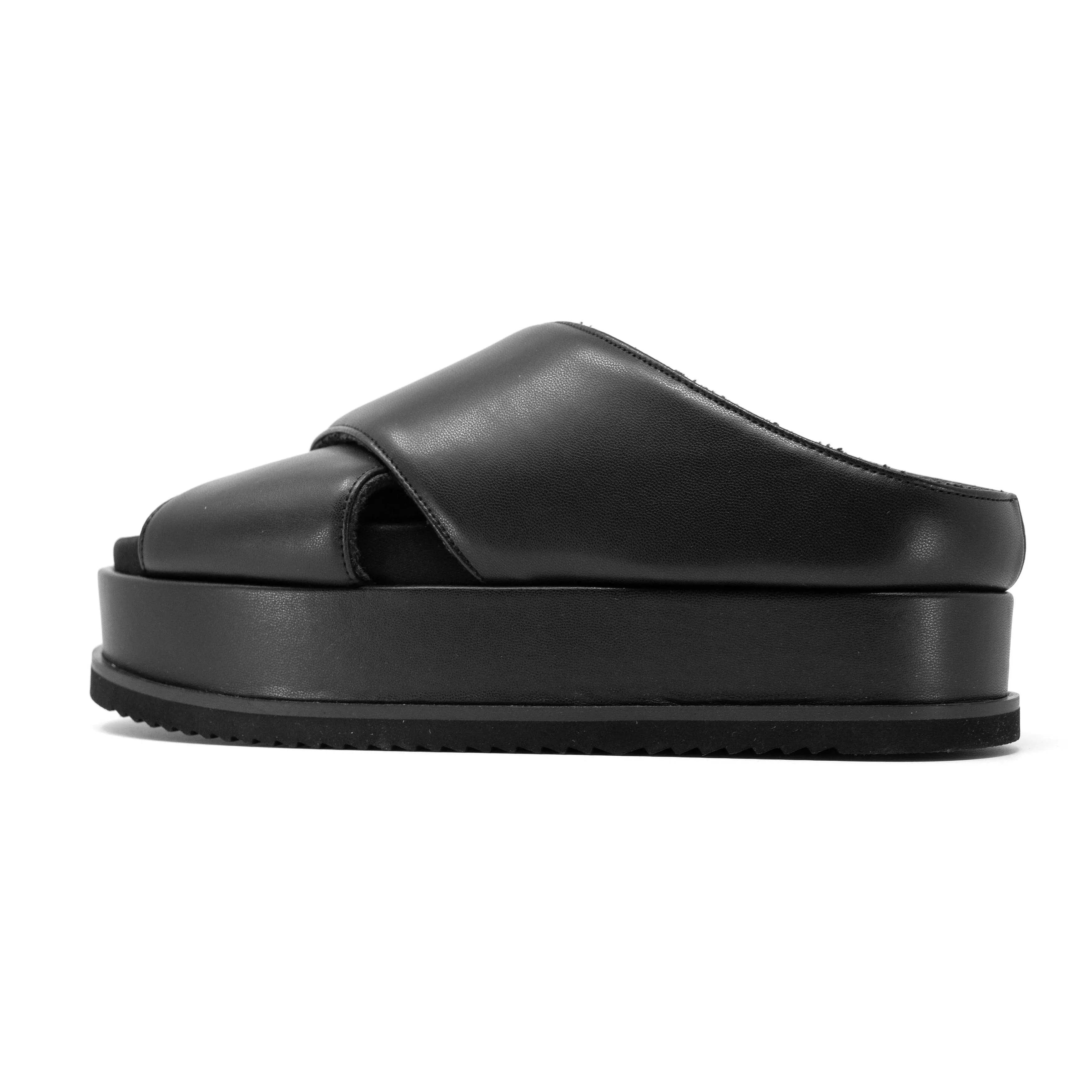 ROAM CROSS STACK PLATFORM SANDALS BLACK VEGAN LEATHER