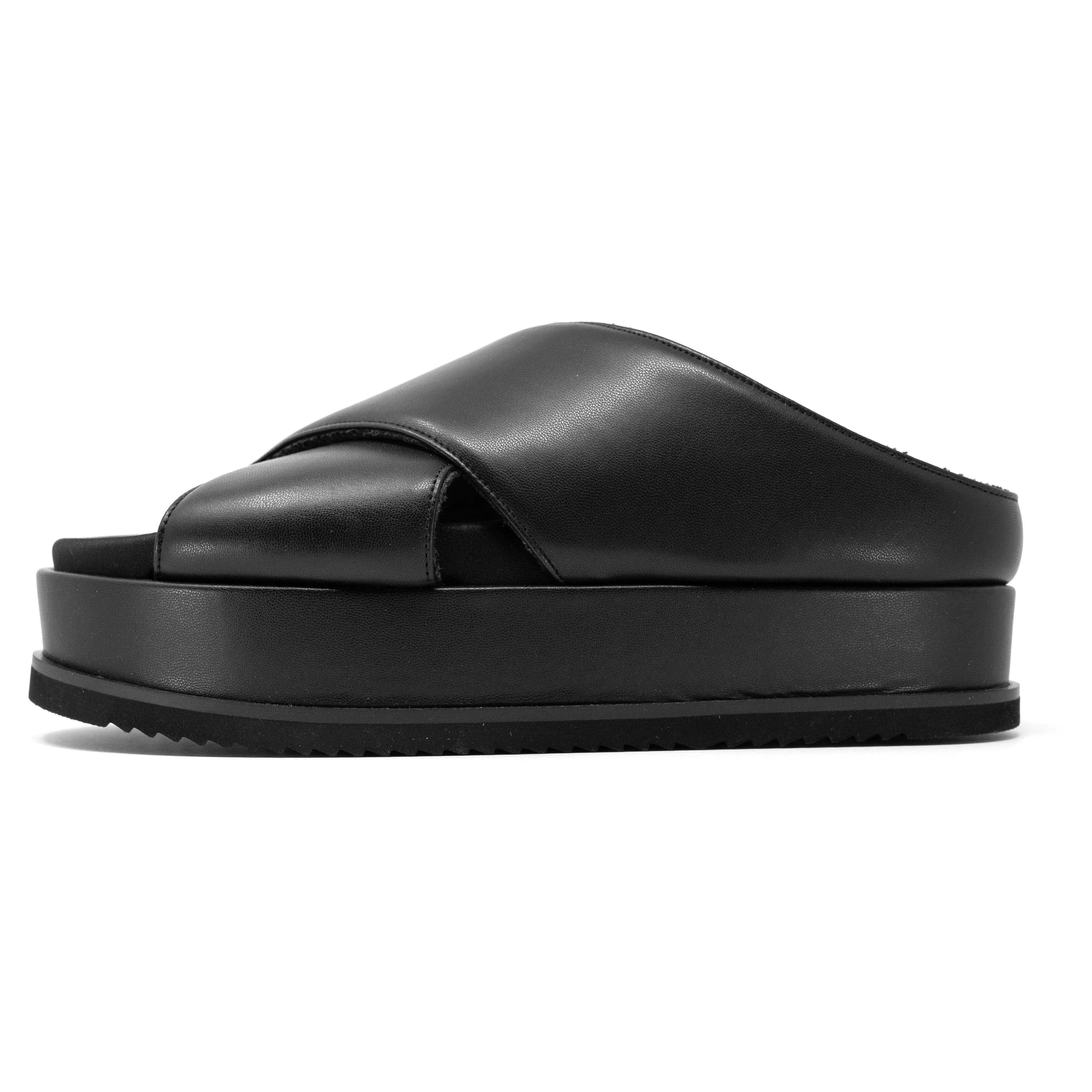 ROAM CROSS STACK PLATFORM SANDALS BLACK VEGAN LEATHER