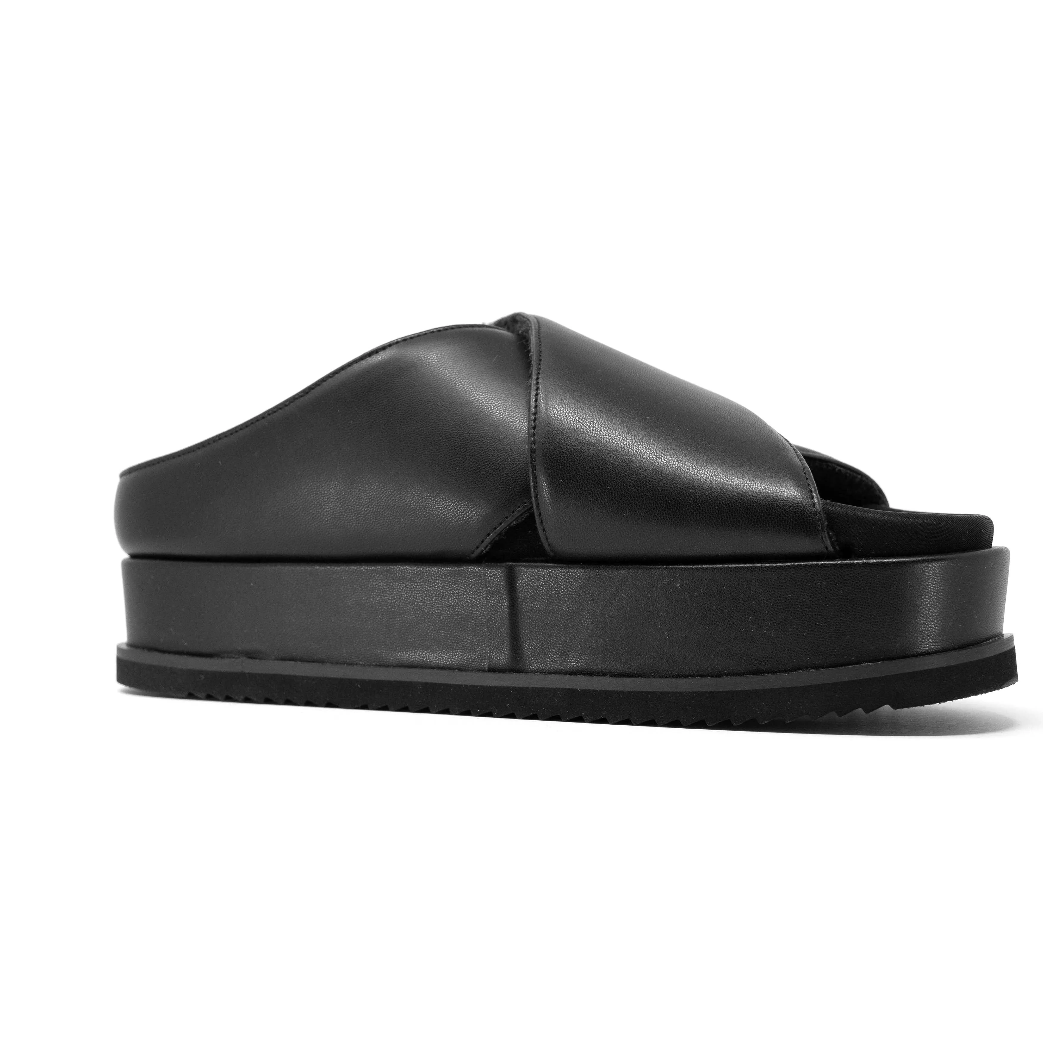ROAM CROSS STACK PLATFORM SANDALS BLACK VEGAN LEATHER