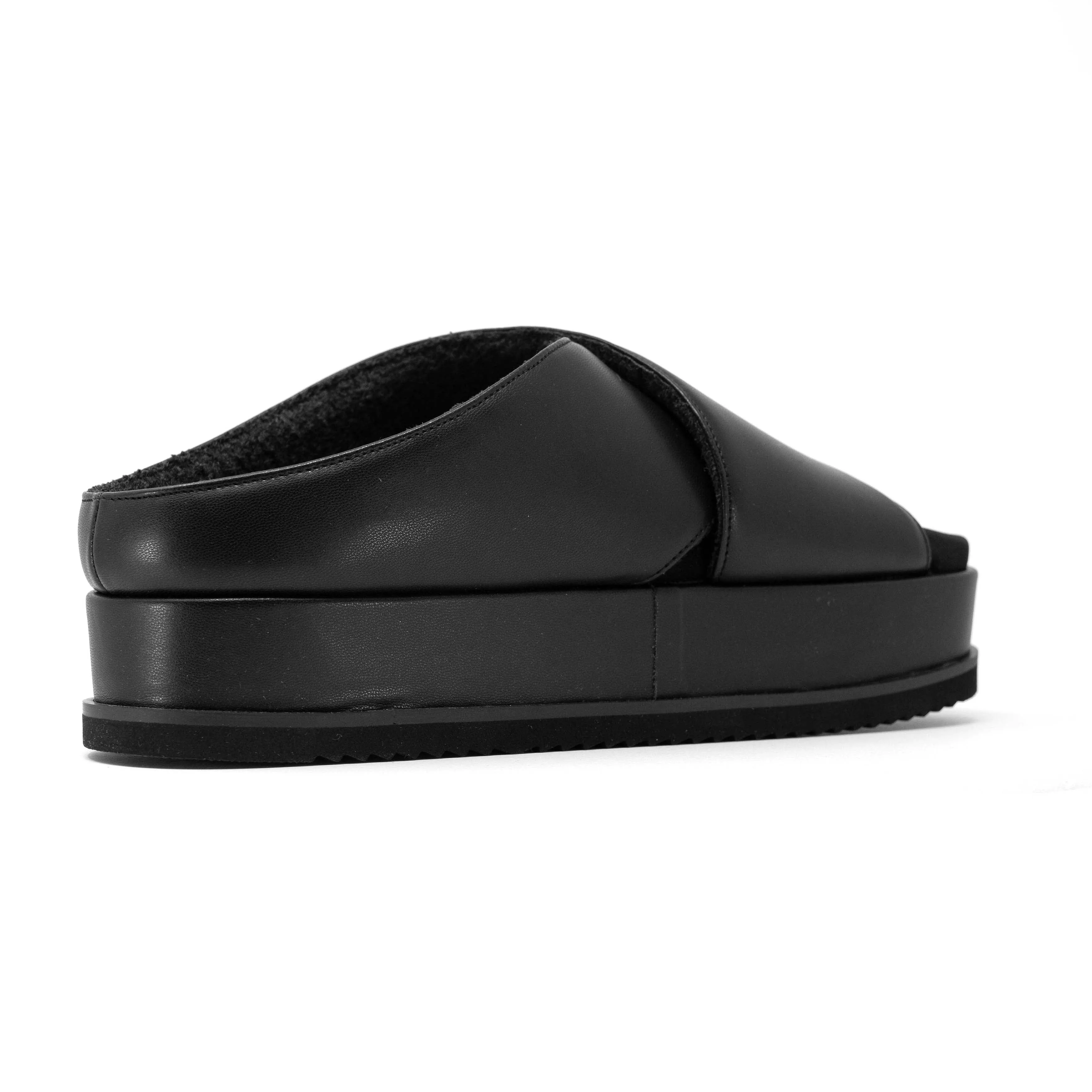 ROAM CROSS STACK PLATFORM SANDALS BLACK VEGAN LEATHER
