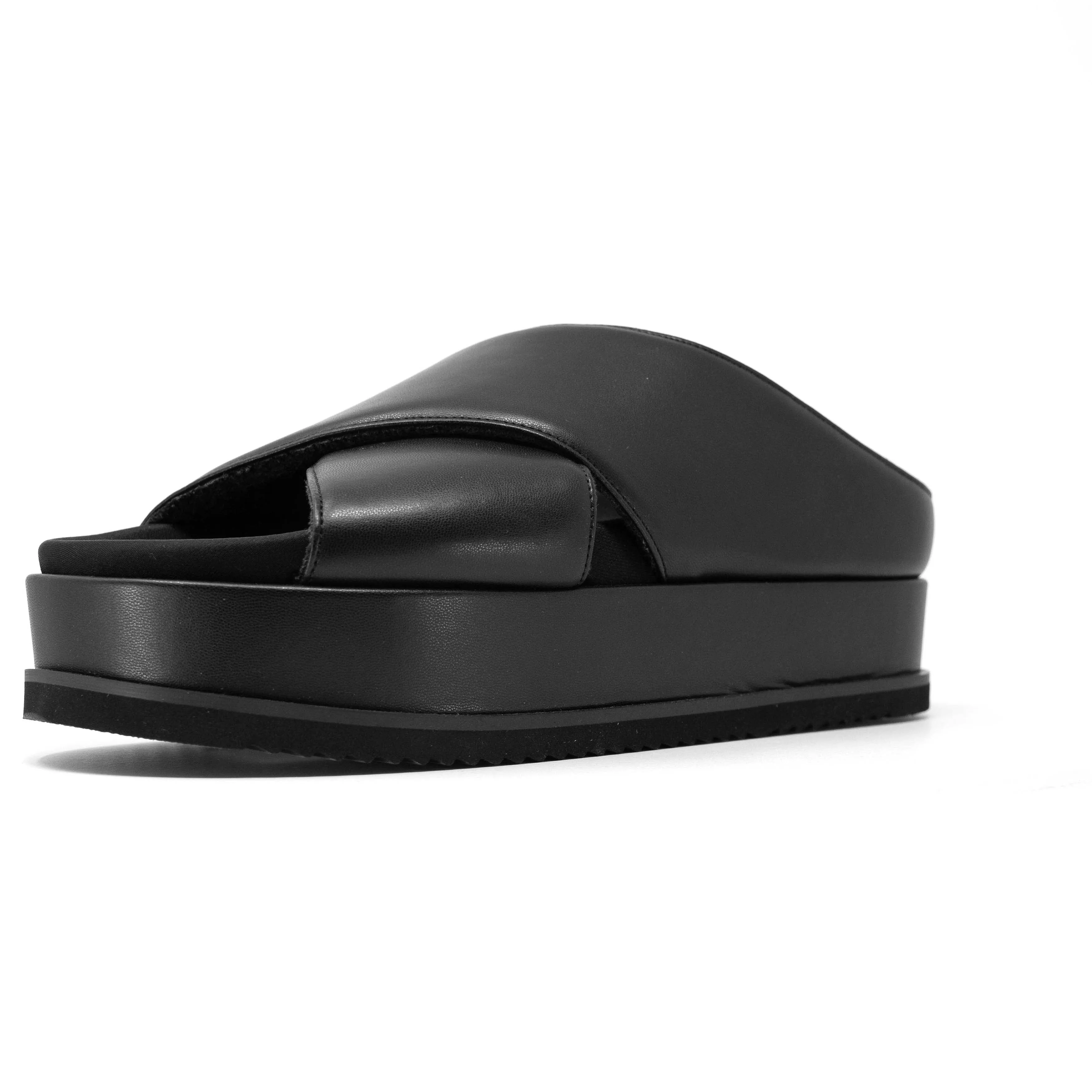 ROAM CROSS STACK PLATFORM SANDALS BLACK VEGAN LEATHER