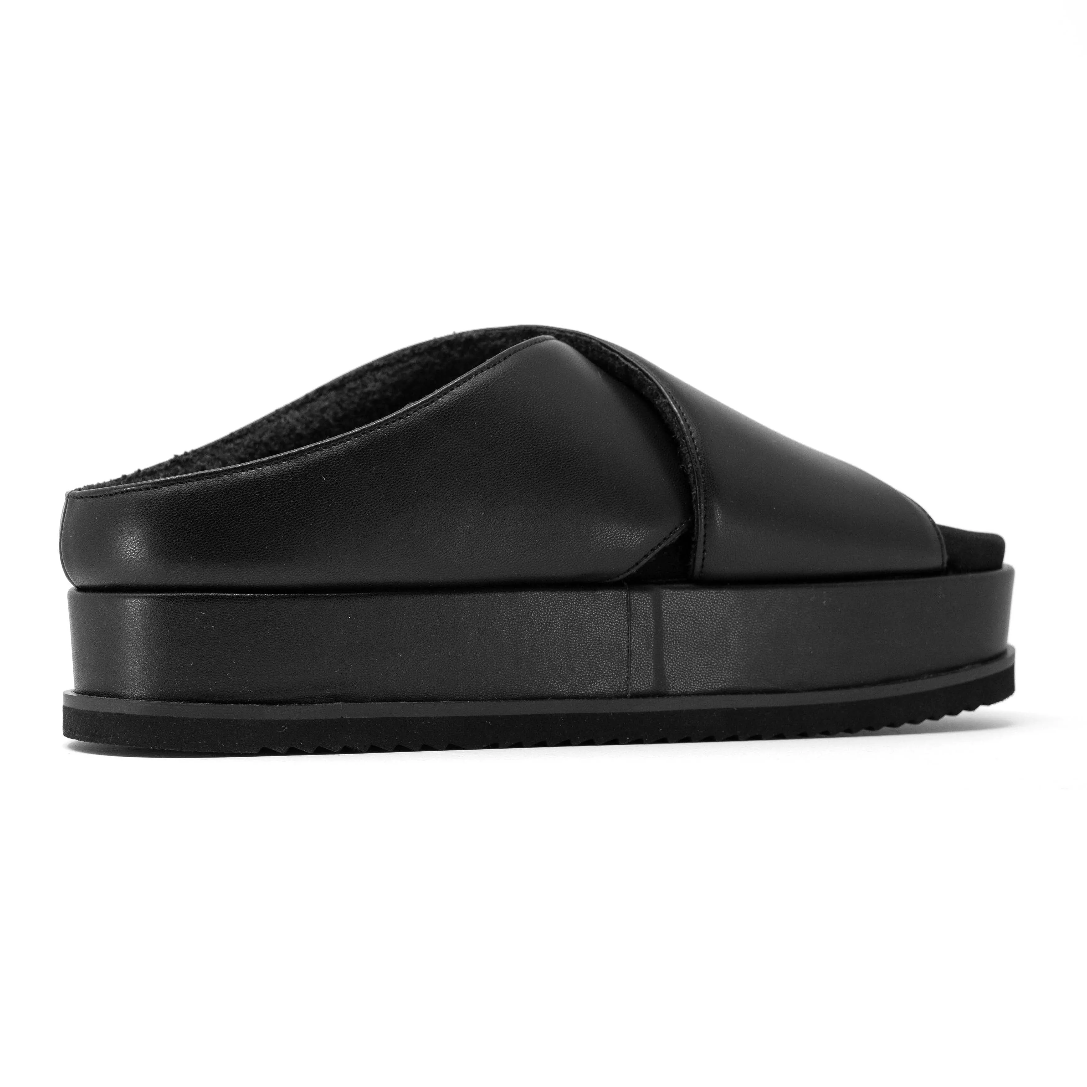 ROAM CROSS STACK PLATFORM SANDALS BLACK VEGAN LEATHER