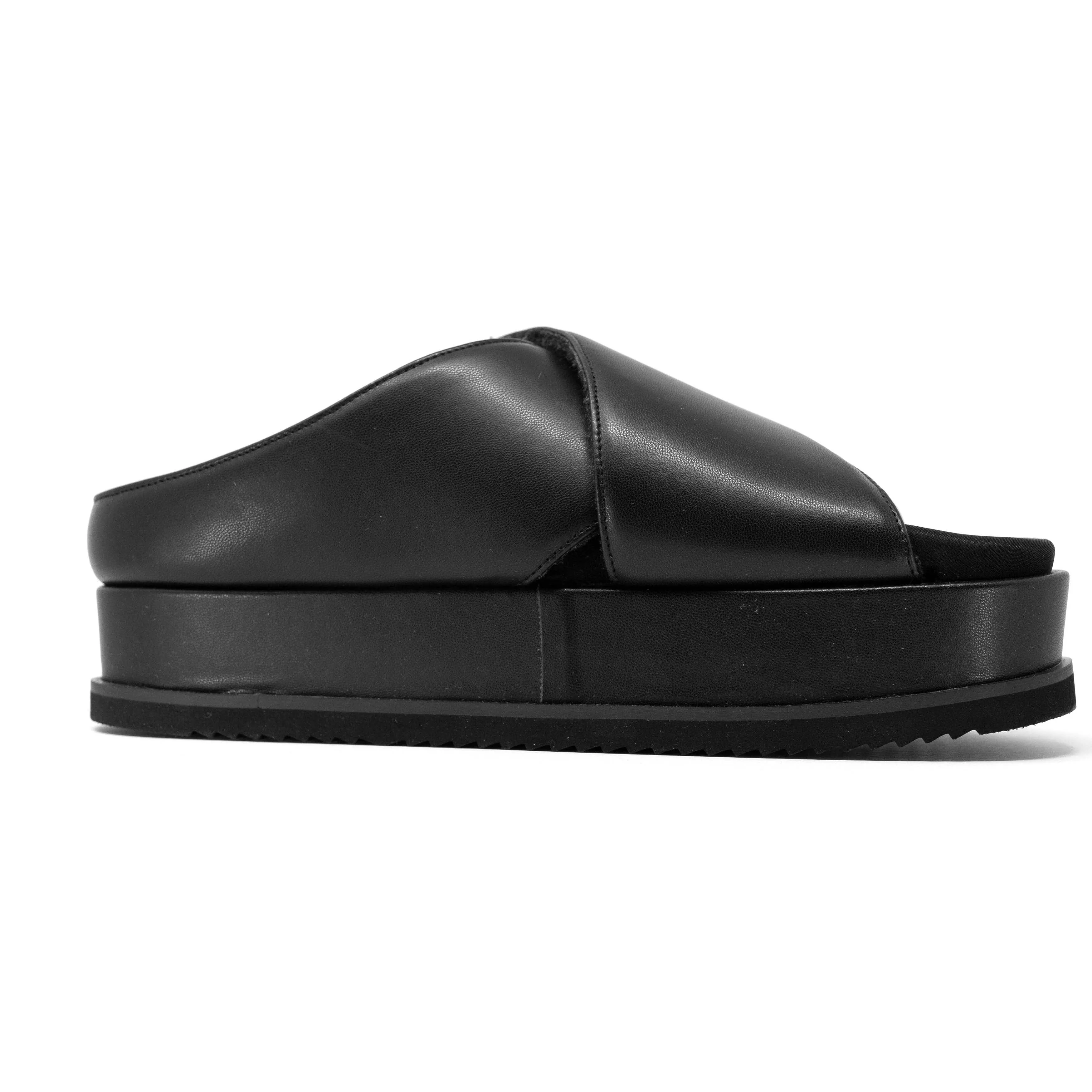 ROAM CROSS STACK PLATFORM SANDALS BLACK VEGAN LEATHER