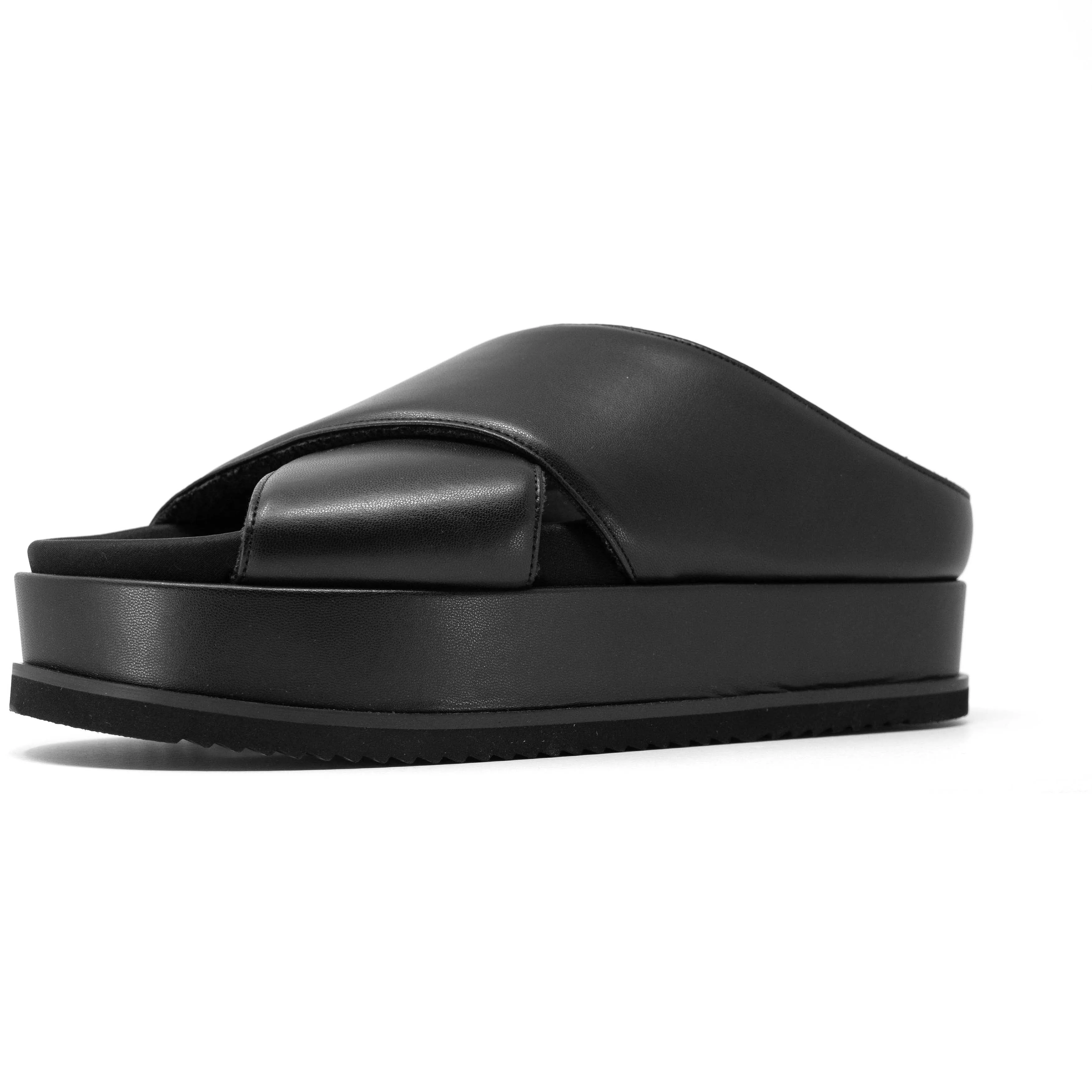 ROAM CROSS STACK PLATFORM SANDALS BLACK VEGAN LEATHER