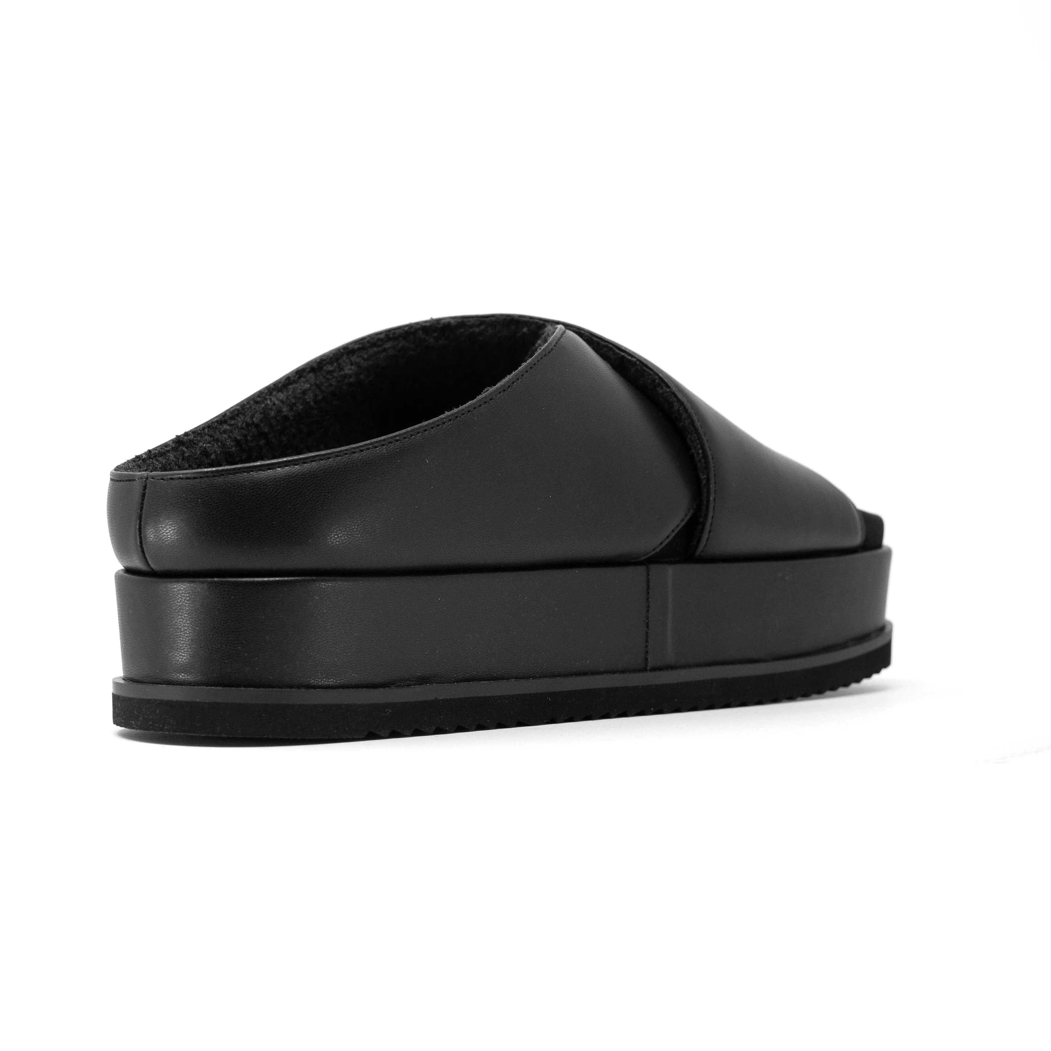ROAM CROSS STACK PLATFORM SANDALS BLACK VEGAN LEATHER