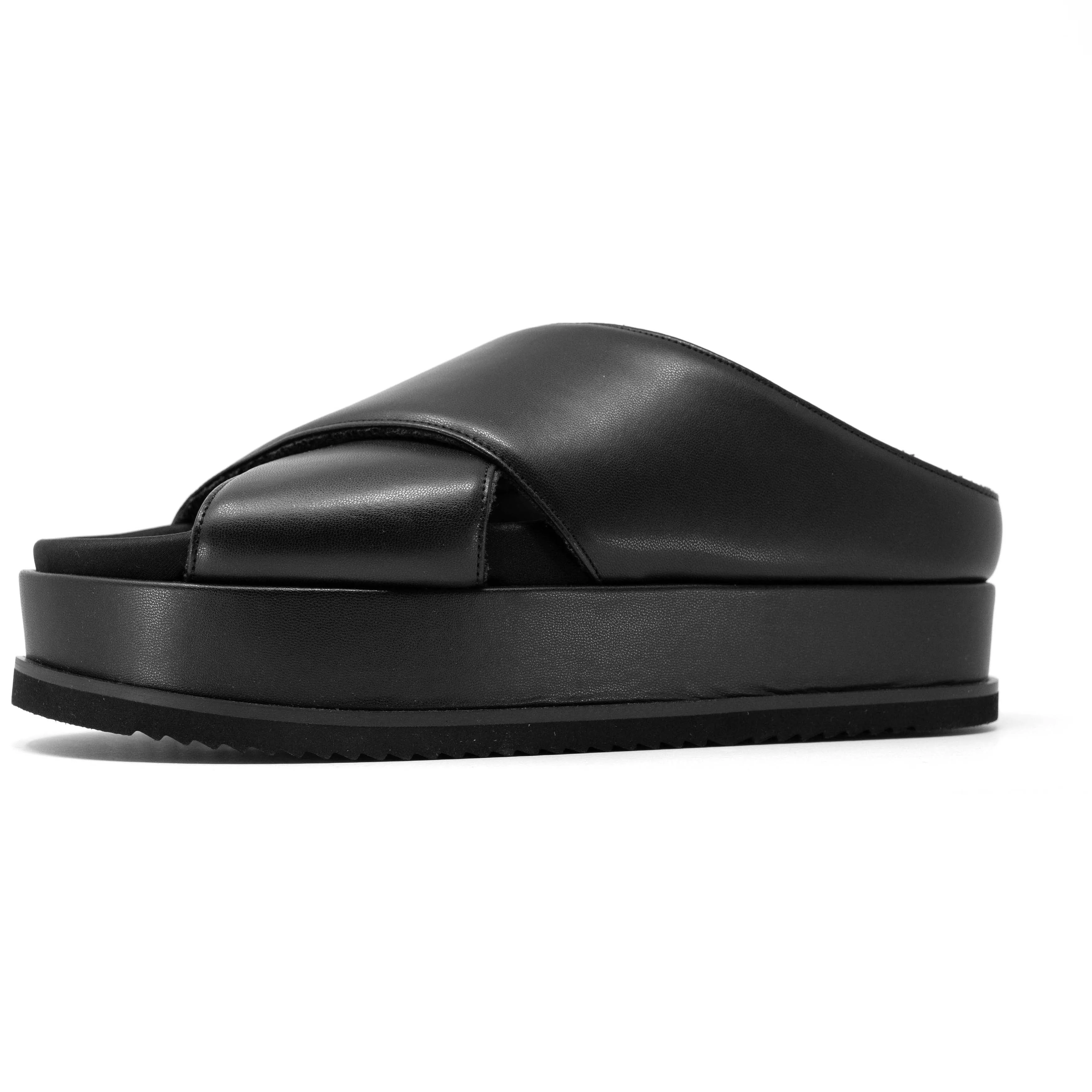 ROAM CROSS STACK PLATFORM SANDALS BLACK VEGAN LEATHER