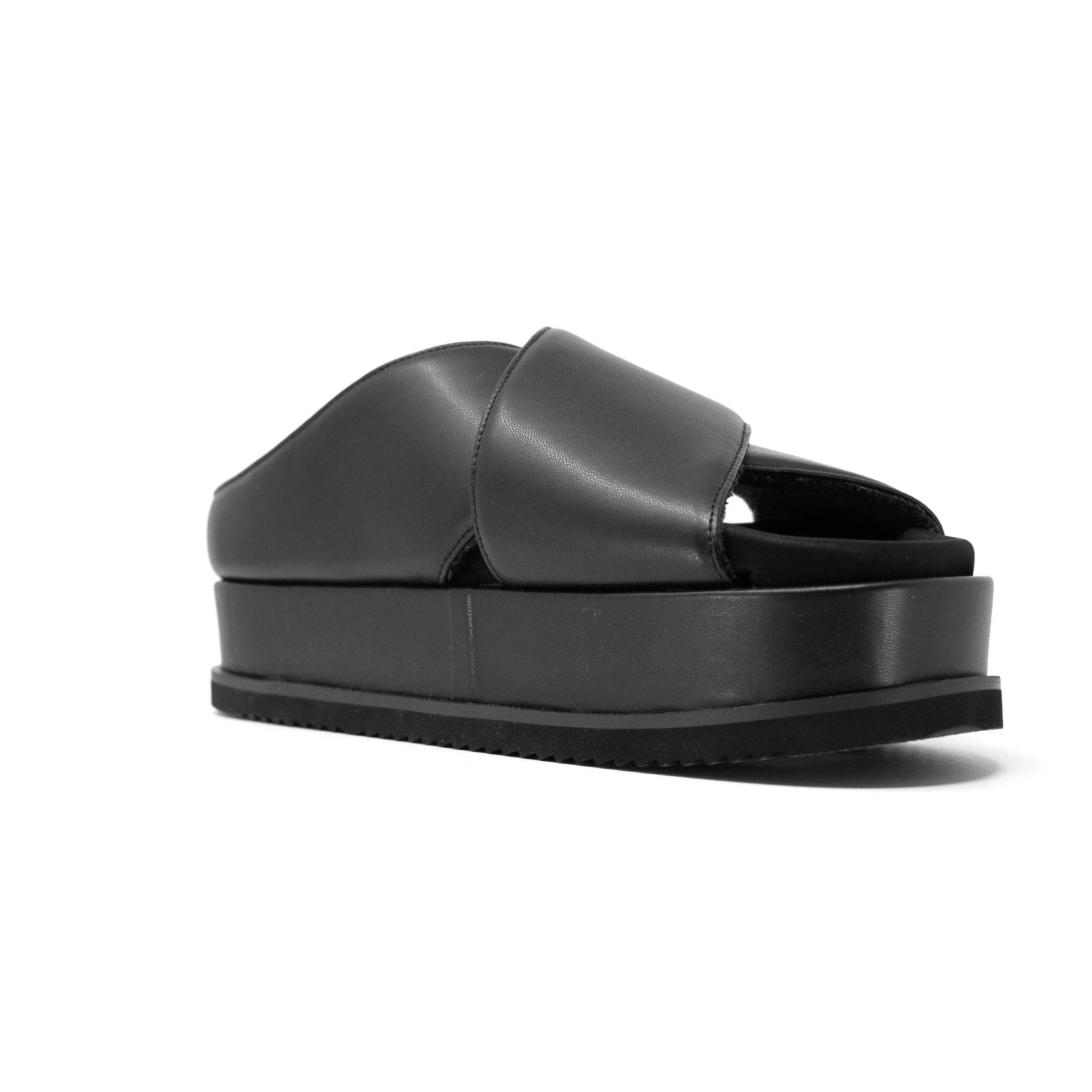 ROAM CROSS STACK PLATFORM SANDALS BLACK VEGAN LEATHER