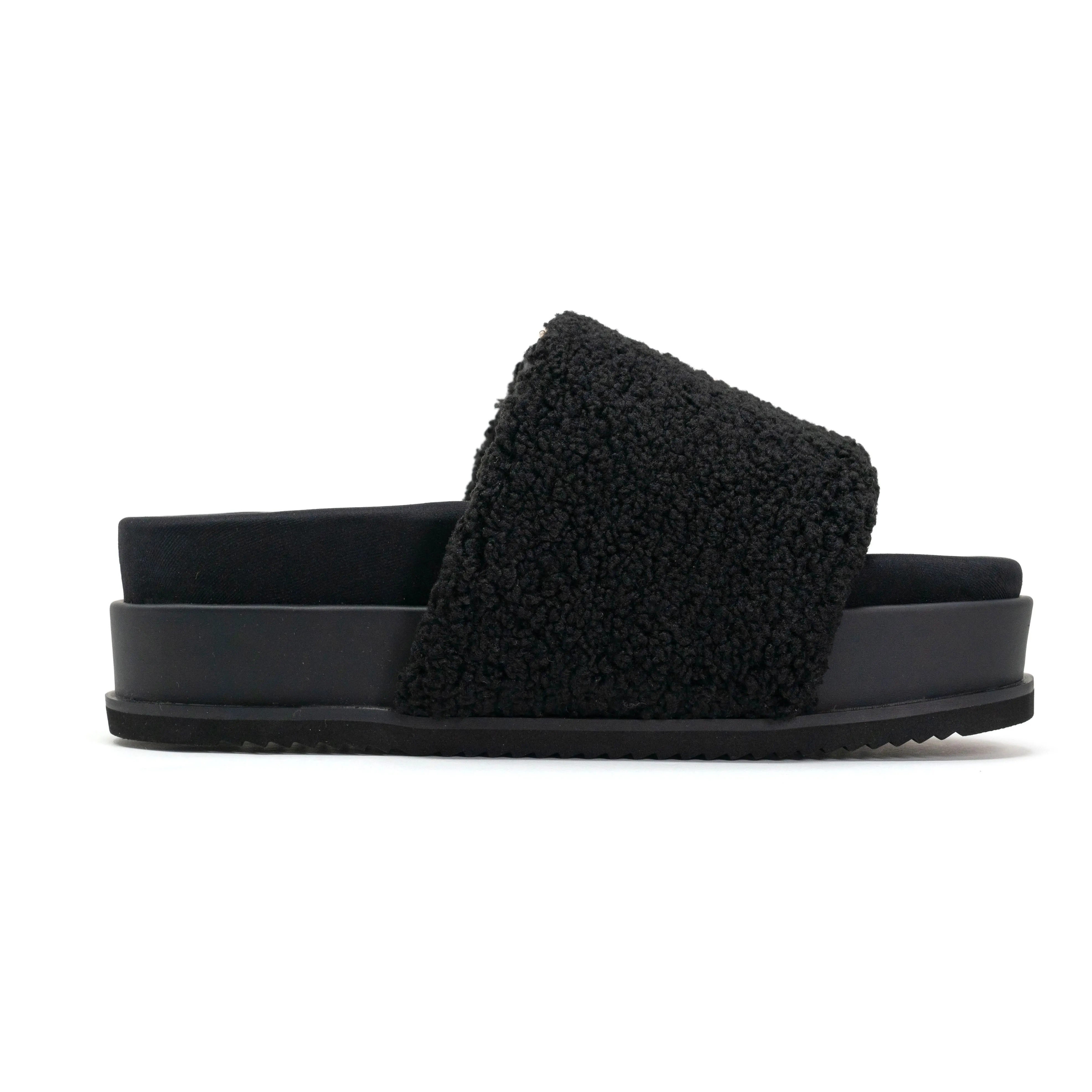 ROAM FUZZY STRIPE STACK PLATFORM BLACK & BEIGE FAUX SHEARLING