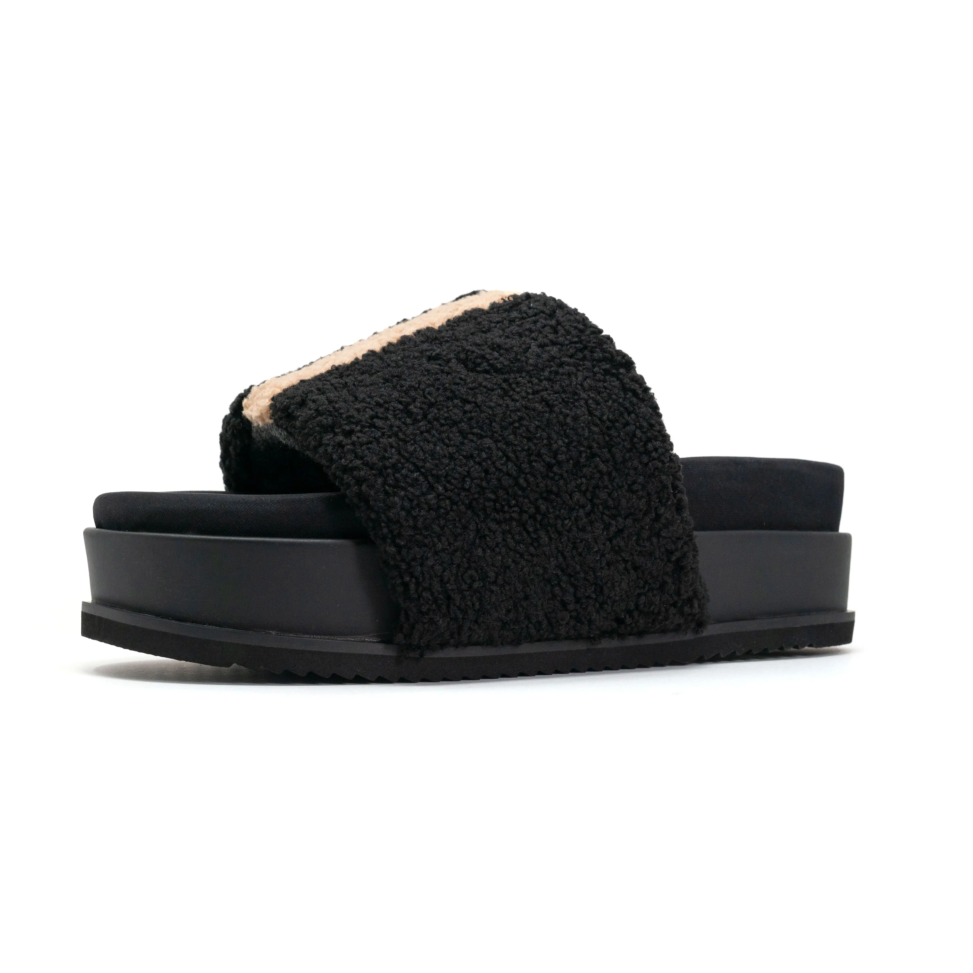 ROAM FUZZY STRIPE STACK PLATFORM BLACK & BEIGE FAUX SHEARLING