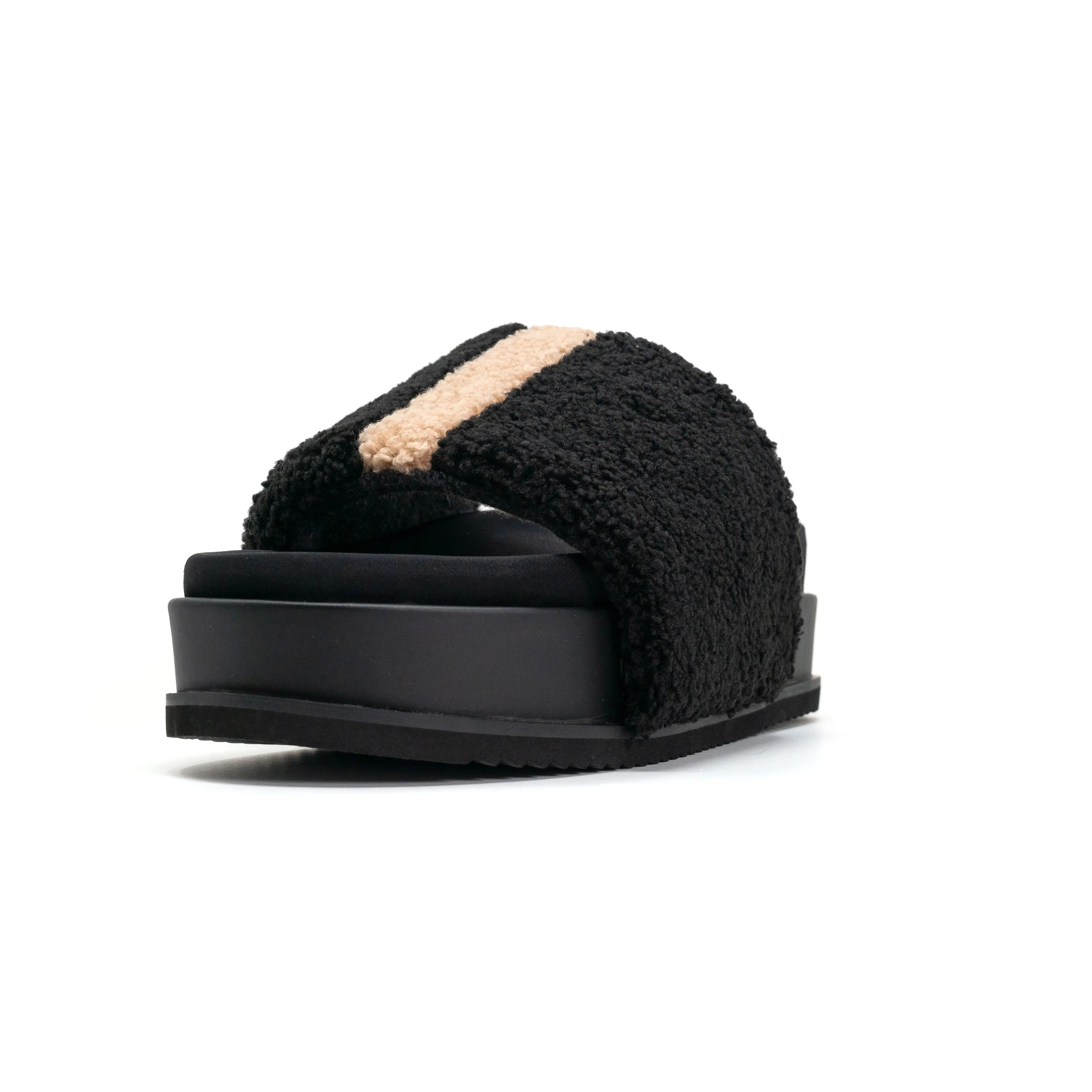 ROAM FUZZY STRIPE STACK PLATFORM BLACK & BEIGE FAUX SHEARLING